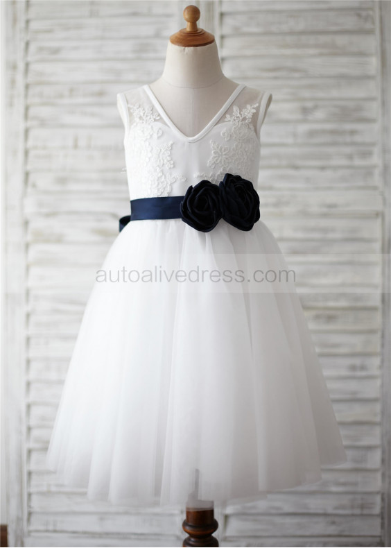 Ivory Lace Tulle V Neck Navy Blue Flower Sash Knee Length Flower Girl Dress 